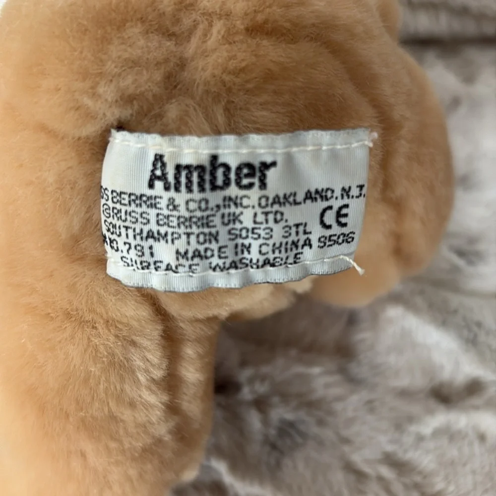 Russ Teddy Bear with Blue Sleeve and Pink Bow. Ski Beech. Vintage